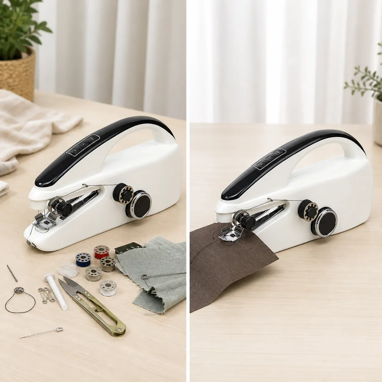 Handheld Sewing Machine setup and use views