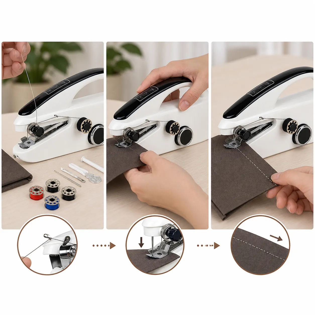 Handheld Sewing Machine setup and use views